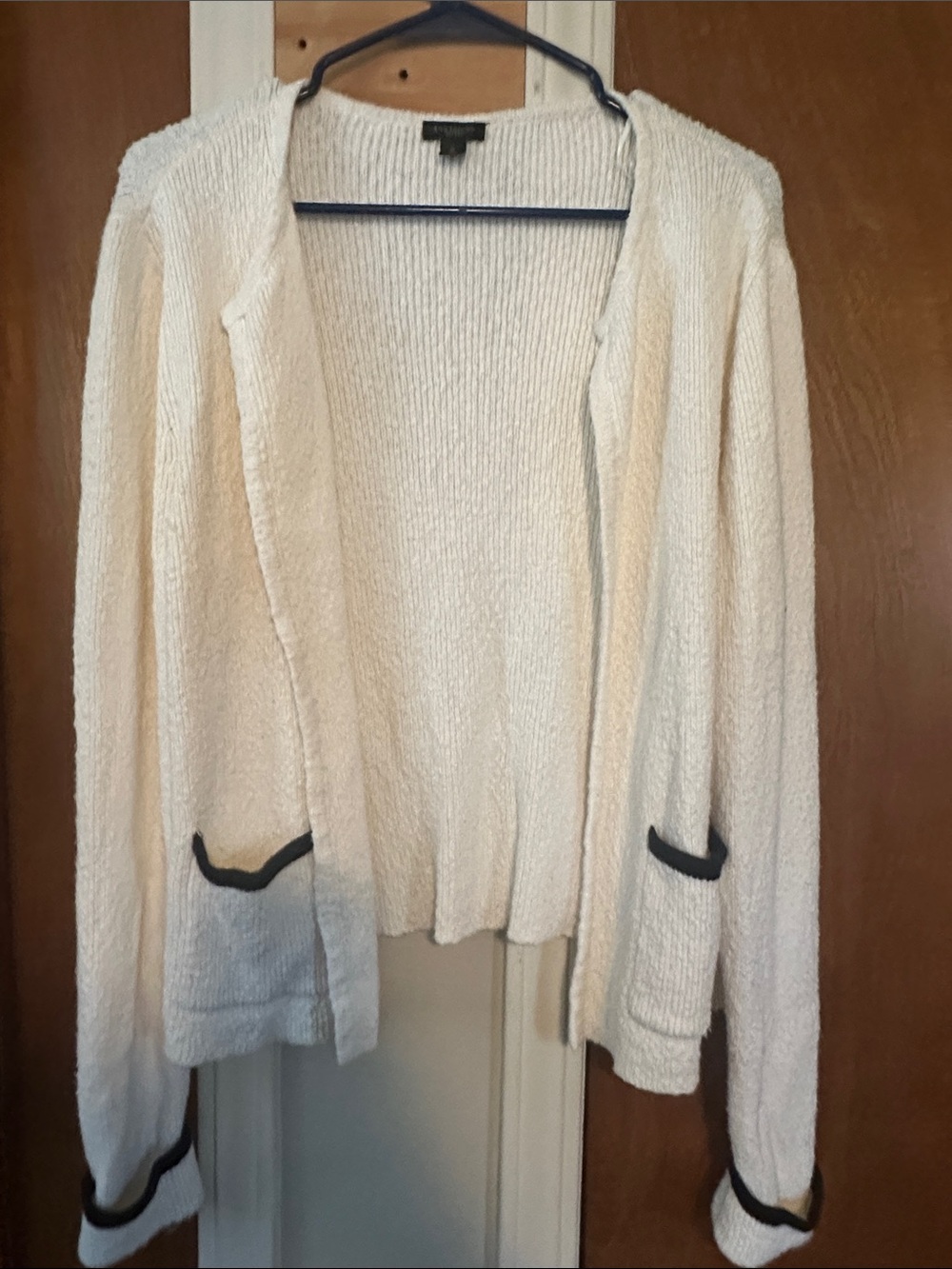 Ann Taylor Cream Open-Front Cardigan with Black Trim